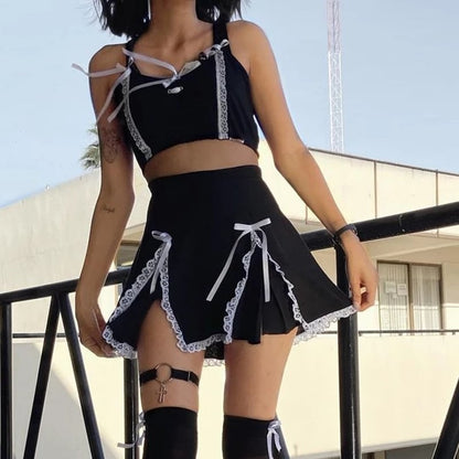 Cute Black Maid Lace Trim Mini Skirt 90s Party Summer Aesthetic Casual E-Girl Kawaii Korean Japanese Harajuku