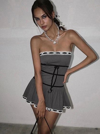 Lace Tie Up Strapless Mini Dress