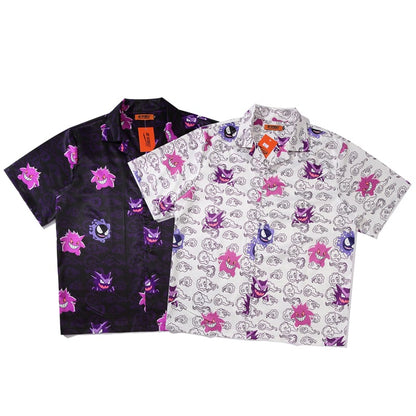 Funny Anime Genger Graphic Cartoon Print Loose Button Down Short Sleeve Short T-shirt Top Causal E-Girl Kawaii Korean Japanese Harajuku Streetwear
