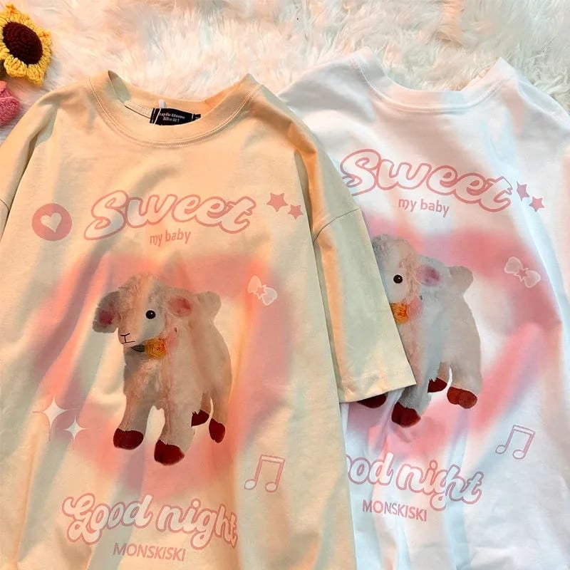 Sweet Lamb Print Short Sleeve T-shirt