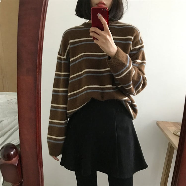 Soft Stripe Autumn O Neck Chic Loose Oversized Casual Knit Sweater Sweatshirt Pullover Jumper Shirt E-Girl Kawaii Korean Japanese Harajuku Streetwear