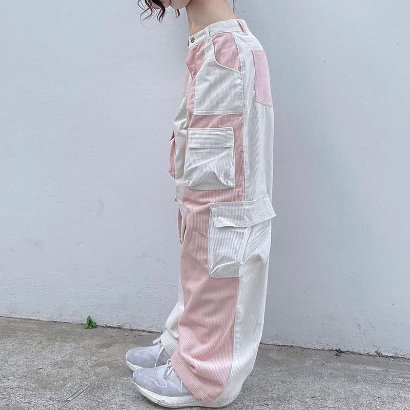 Pink Contrast Patchwork Cargo Pants