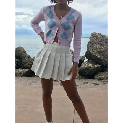 Cute Pink Geometrical Chic Vintage Knit Cardigan Sweater Top Shirt Winter Autumn E-Girl Kawaii Korean Japanese Harajuku Chinese Retro Streetwear