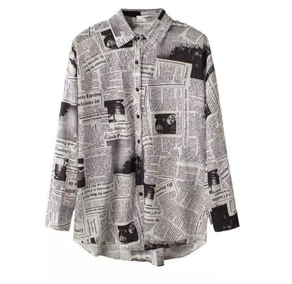 Cute Vintage Newspaper Letter Print Button Up Long Sleeve Shirt Blouse Top Aesthetic Casual E-Girl Kawaii Korean Japanese Harajuku