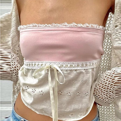 Off Shoulder Lace Trim Patchwork Top