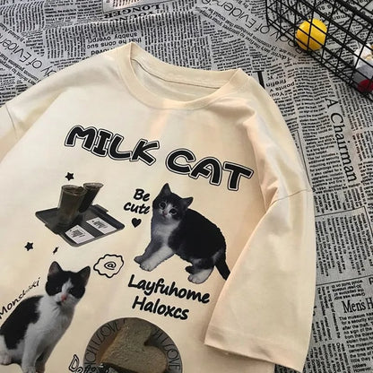 Cat Milk Cartoon Print Short Sleeve T-shirt