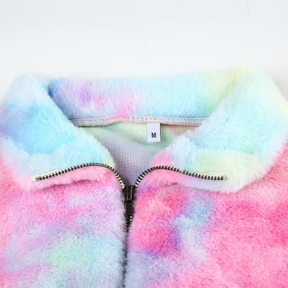 Cute Casual Rainbow Furry Tie Dye Plush Crop Long Sleeve Loose Sweatshirt Pullover E-Girl Kawaii Korean Japanese Harajuku Retro Streetwear Aesthetic