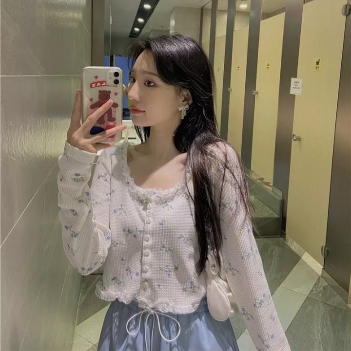 Sweet Floral Lace Chic Cardigan Patchwork Long Sleeve Shirt Crop Top Casual Summer E-Girl Kawaii Korean Japanese Harajuku