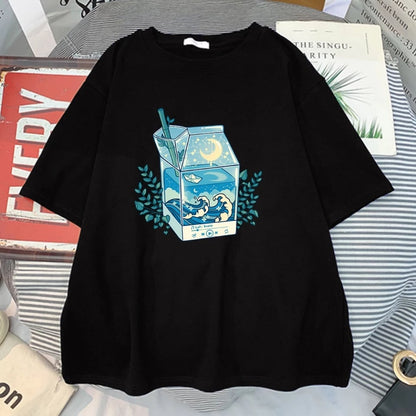 Cute Milk Box Moonlight Waves Print Crewneck Oversized Short Sleeve Shirt Aesthetic Casual E-Girl Kawaii Korean Japanese Harajuku