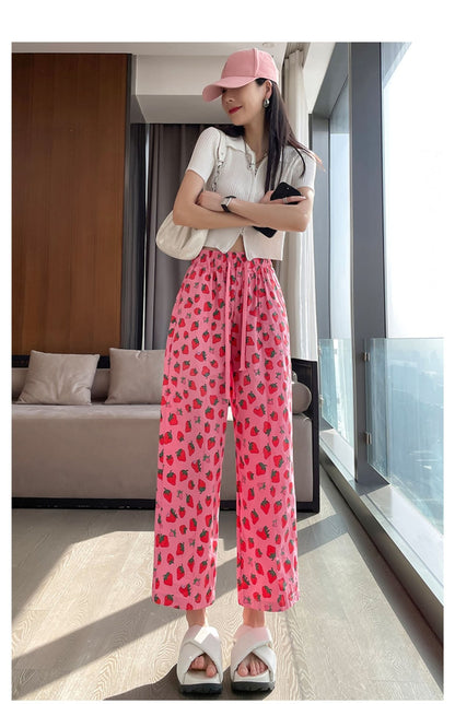 Pink Strawberry Print High Waist Trousers