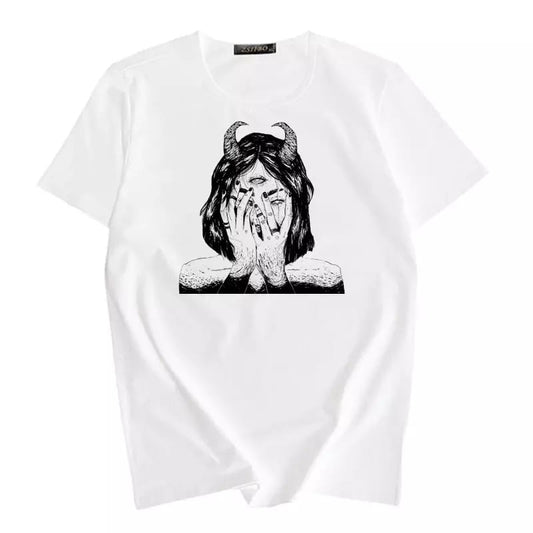 Cute Scary Horror Anime Girl Devil Horn Goth Loose Short Sleeve Short T-shirt Tee Top Summer Casual E-Girl Kawaii Korean Japanese Harajuku Streetwear