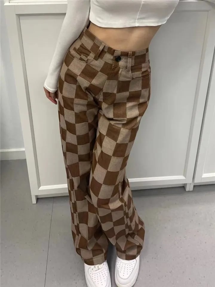 Brown Checkered High Waist Wide Leg Pants