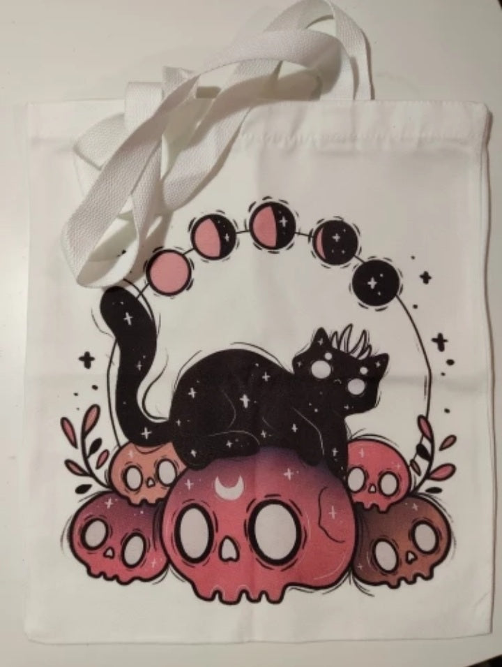 Cute Cat Skull Print Reusable Shopping Bag Canvas Tote Shoulder Bag Aesthetic Casual E-Girl Kawaii Korean Japanese Harajuku