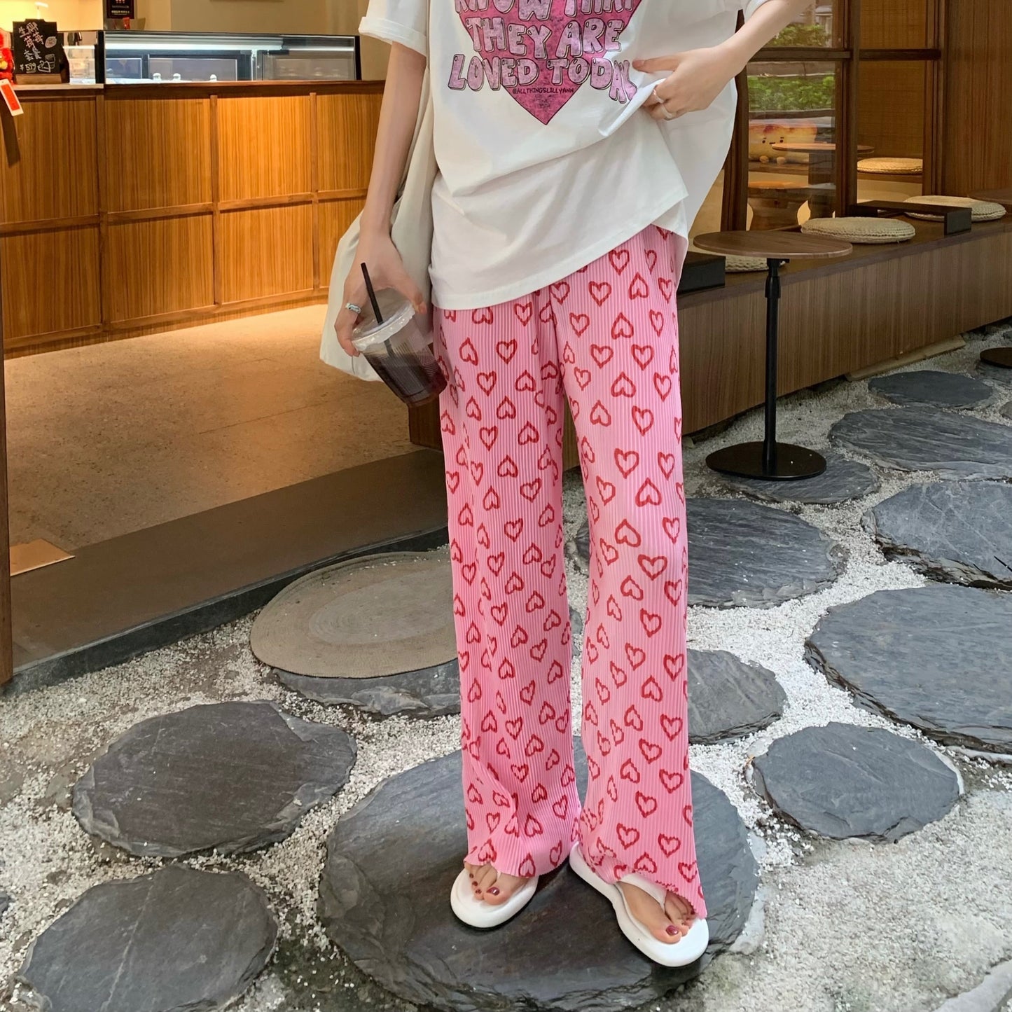 Pink Heart Print Trousers