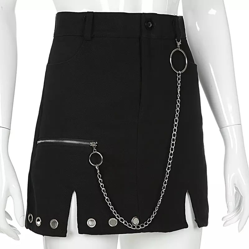 Sexy Black Goth Punk Demin Metal Chain Patchwork High Waisted Mini Skirt Zipper Split A-line E-Girl Kawaii Korean Japanese Harajuku Retro Streetwear
