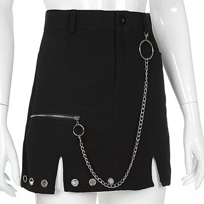 Sexy Black Goth Punk Demin Metal Chain Patchwork High Waisted Mini Skirt Zipper Split A-line E-Girl Kawaii Korean Japanese Harajuku Retro Streetwear