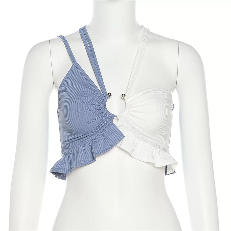 Cute Sexy Blue White Hollow Out Patchwork Rib Knit Camisole Crop Top Sleeveless Shirt Summer Aesthetic Casual E-Girl Kawaii Korean Japanese Harajuku