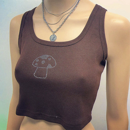 Cute 90s Vintage Brown Mushroom Diamond Aesthetics Crop Top Tank Sleeveless Shirt Summer Casual E-Girl Kawaii Korean Japanese Harajuku Streetwear