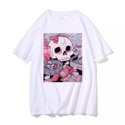 Cute Black Skull Goth Punk Print Cartoon Loose Short Sleeve Short T-shirt Tee Top Summer Casual E-Girl Kawaii Korean Japanese Harajuku Streetwear
