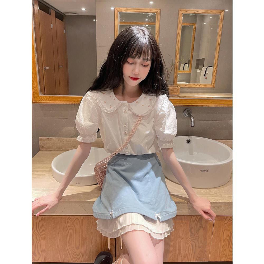 White Preppy Flower Embroidery Short Sleeve Blouse