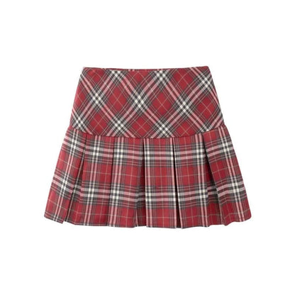 Red Plaid Pleated Mini Skirt