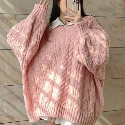 Pink Preppy Cable Knit V Neck Sweater