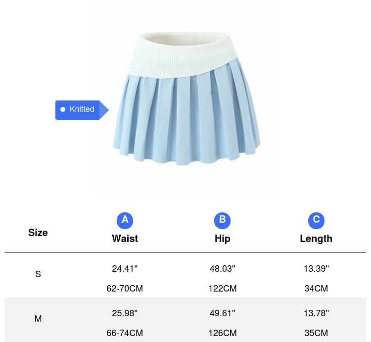 2PCS Blue Knit Long Sleeve Top + High Waist Pleated Mini Skirt