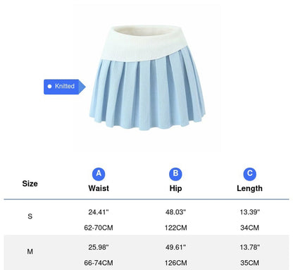 2PCS Blue Knit Long Sleeve Top + High Waist Pleated Mini Skirt