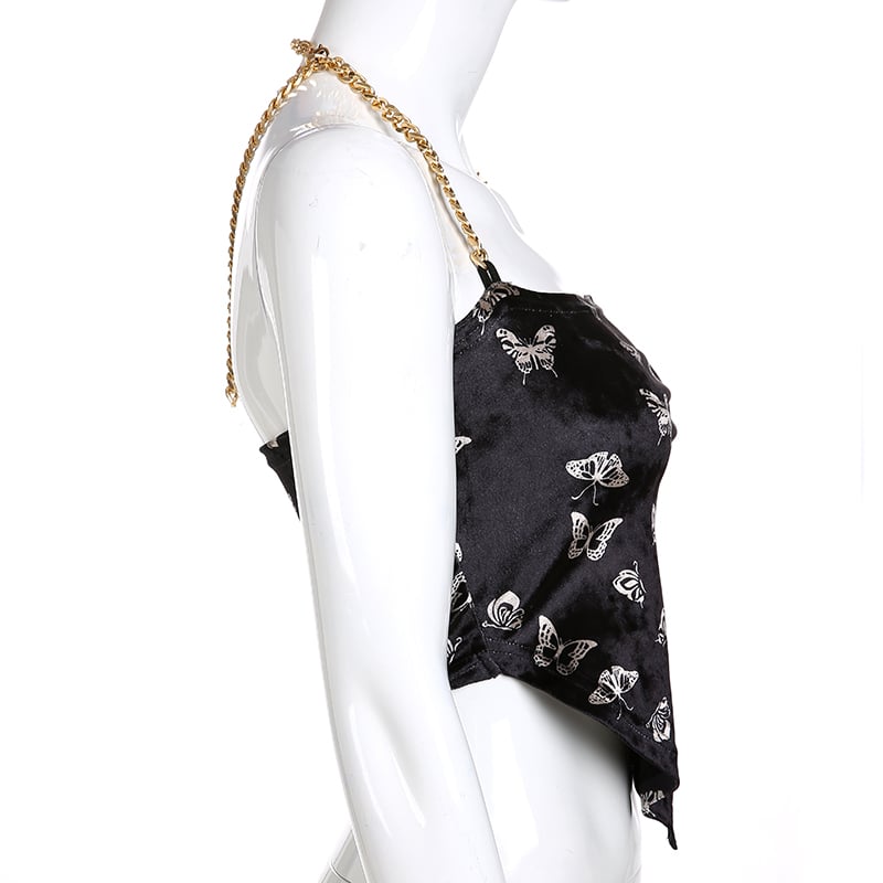 Cute Sexy Butterfly Chain Velvet Halter Tank Cami Crop Top Shirt Tee T-shirt E-Girl Kawaii Korean Japanese Harajuku Chinese Retro Streetwear Aesthetic