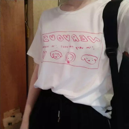 White Nervous Animal Graphic Cartoon Print Loose Oversized Short Sleeve T-shirt Top Summer Causal E-Girl Kawaii Korean Japanese Harajuku Streetwear