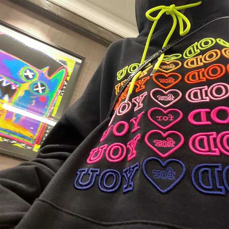 Cute Pink Love Heart Good For U Oversized Hoodie Sweatshirt Long Sleeve Pullover Jumper Sweater E-Girl Kawaii Korean Japanese Harajuku Streetwear