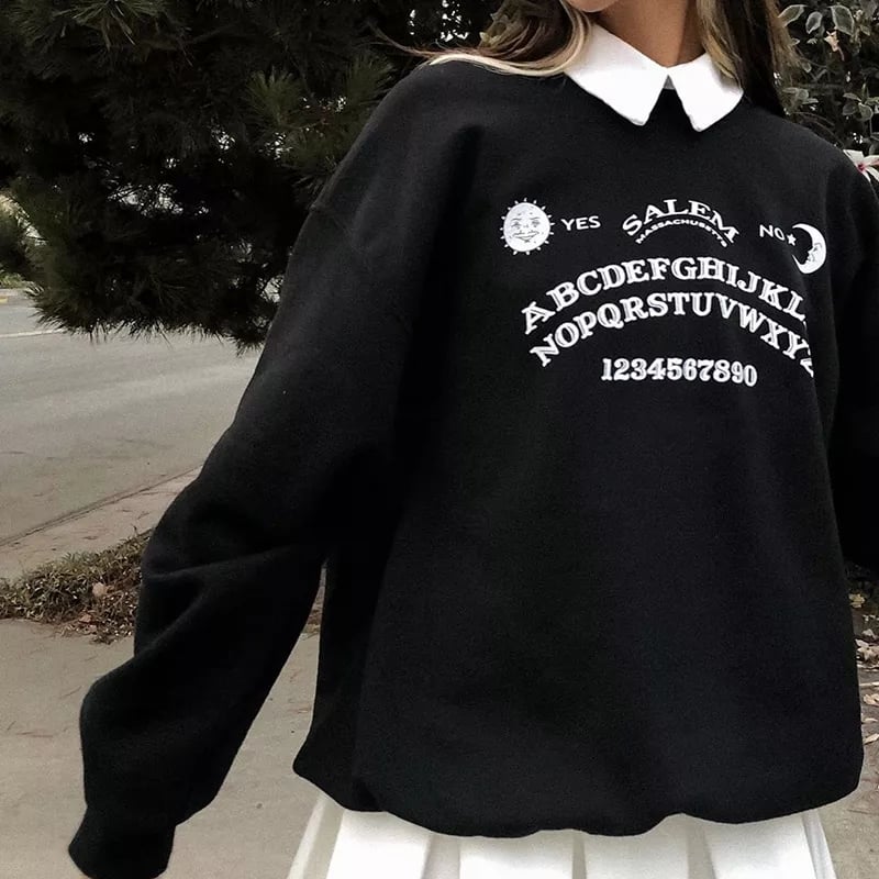 Black Ouija Board Magic Witch Oversized Sweatshirt Sweater Long Sleeve Pullover Jumper Goth Casual E-Girl Kawaii Korean Japanese Harajuku Streetwear