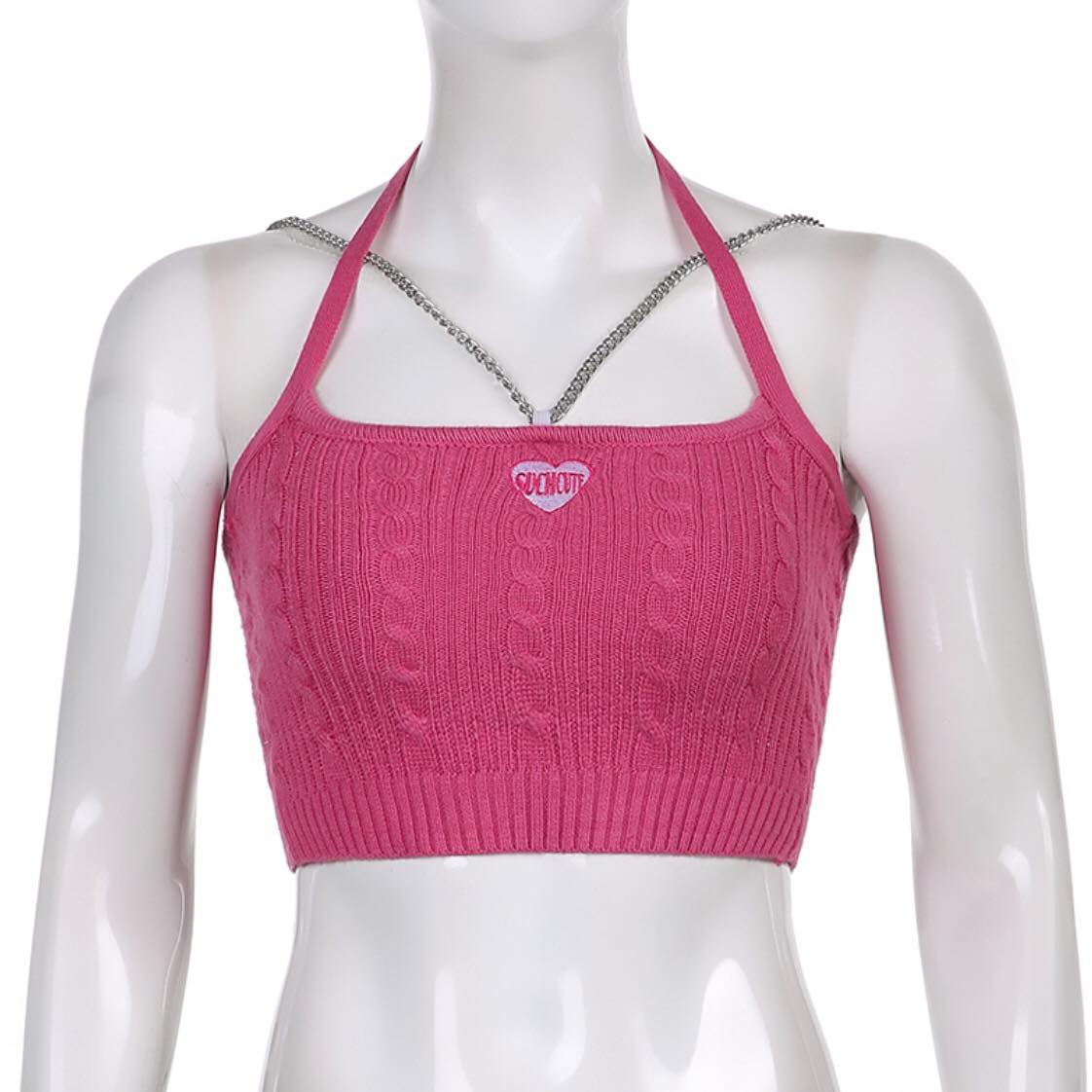 90s Pink Chain Knit Halter Crop Top Backless Tank Sleeveless Shirt Summer Aesthetic Casual E-Girl Kawaii Korean Japanese Harajuku