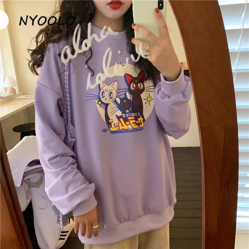 Japanese Anime Girl Cat Cartoon Print Hoodie