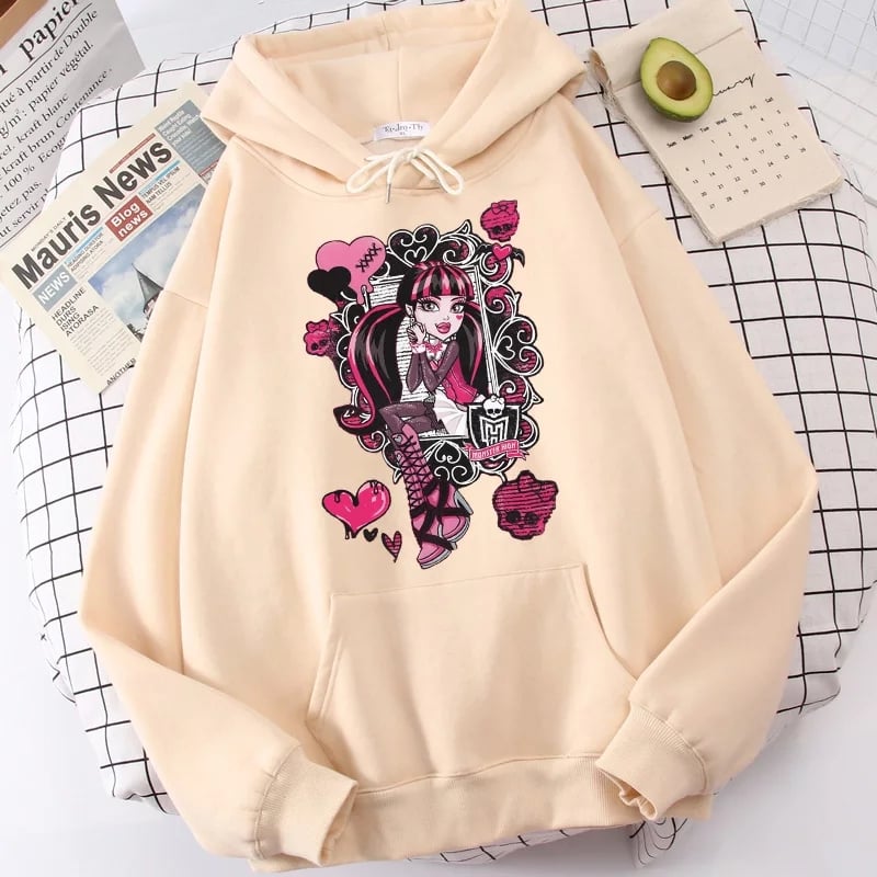 Cute Girl Monster Cartoon Print Long Sleeve Hoodie Sweater Sweatshirt Pullover Aesthetic Casual Summer E-Girl Kawaii Korean Japanese Harajuku