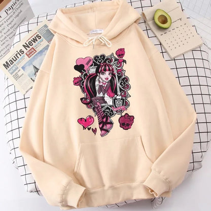 Cute Girl Monster Cartoon Print Long Sleeve Hoodie Sweater Sweatshirt Pullover Aesthetic Casual Summer E-Girl Kawaii Korean Japanese Harajuku