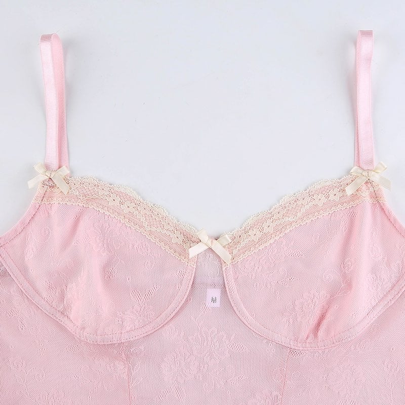 Cute Sexy Pink Sweet Lace Trim Bow Crop Top V Neck Transparent Sleeveless Shirt Summer Party E-Girl Kawaii Korean Japanese Harajuku Streetwear