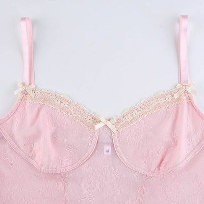 Cute Sexy Pink Sweet Lace Trim Bow Crop Top V Neck Transparent Sleeveless Shirt Summer Party E-Girl Kawaii Korean Japanese Harajuku Streetwear