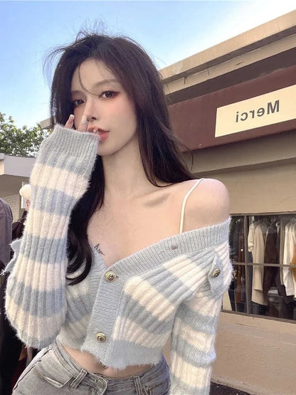 Blue & White Stripe Gold Button Sweater
