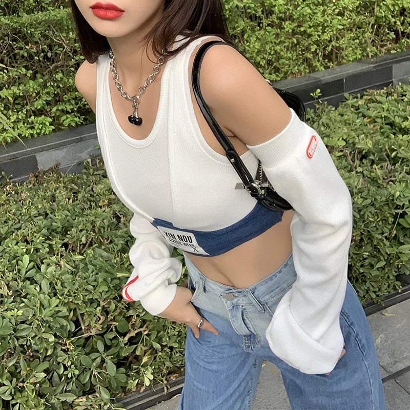 Cute Patchwork Letter Label T-shirt Separate Sleeve Crop Top Bodycon Streetwear Summer Aesthetic Casual E-Girl Kawaii Korean Japanese Harajuku