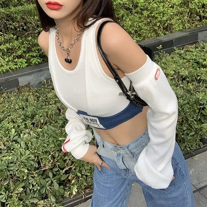 Cute Patchwork Letter Label T-shirt Separate Sleeve Crop Top Bodycon Streetwear Summer Aesthetic Casual E-Girl Kawaii Korean Japanese Harajuku