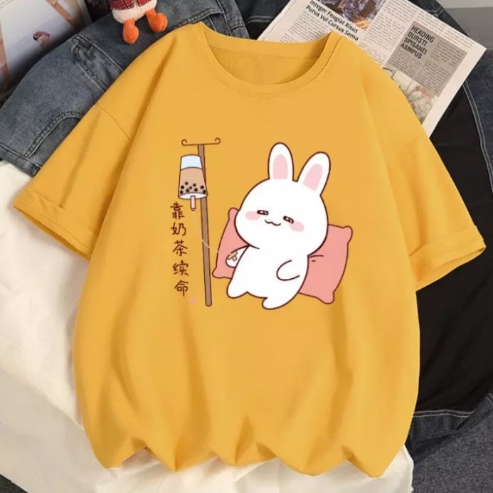 Cute Rabbit Boba Bubble Milk Tea Graphic Cartoon Print Loose Short Sleeve T-shirt Aesthetic Casual Summer E-Girl Kawaii Korean Japanese Harajuku