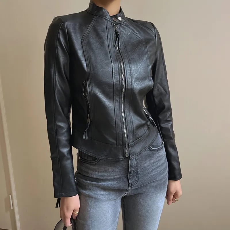 Black PU Leather Zipper Jacket