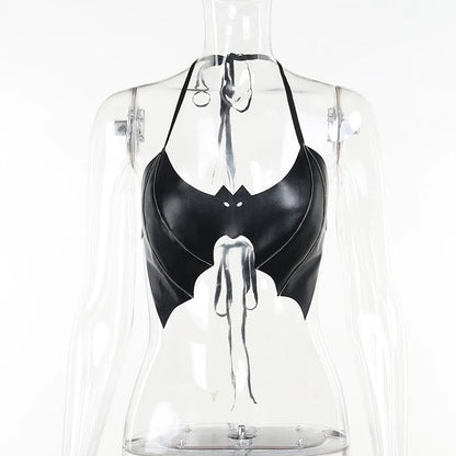 Black PU Leather Bat Crop Top