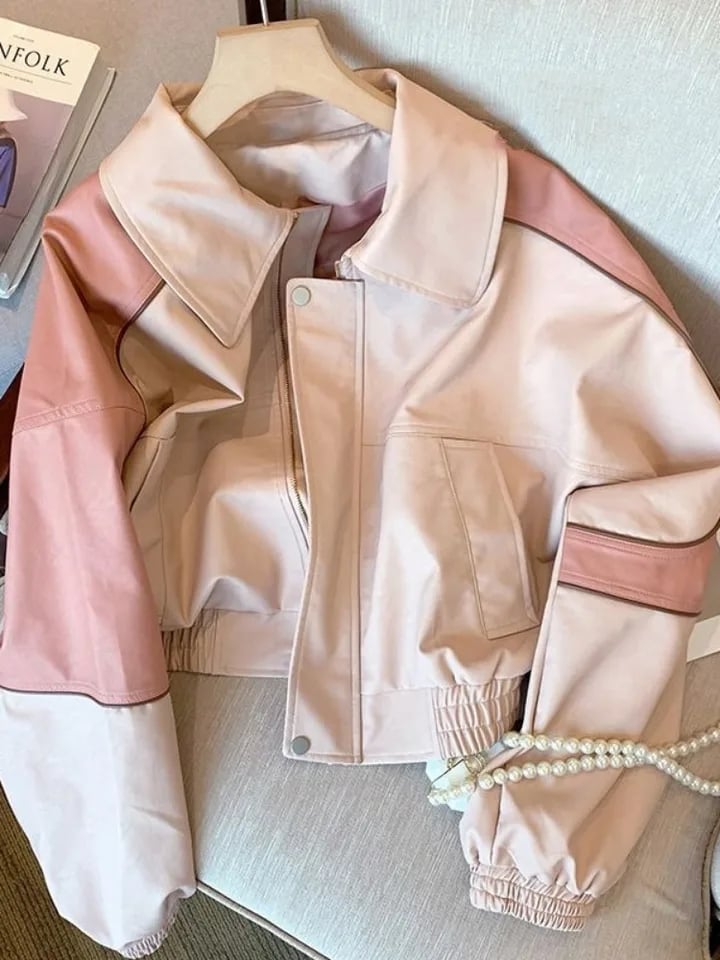 Pink Faux PU Leather Zup Up Cropped Jacket