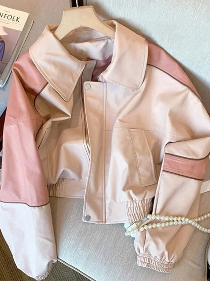 Pink Faux PU Leather Zup Up Cropped Jacket