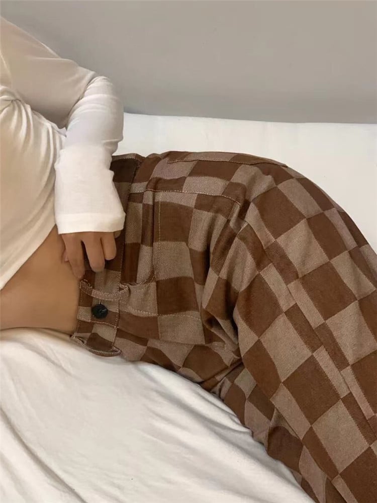 Brown Checkered High Waist Wide Leg Pants