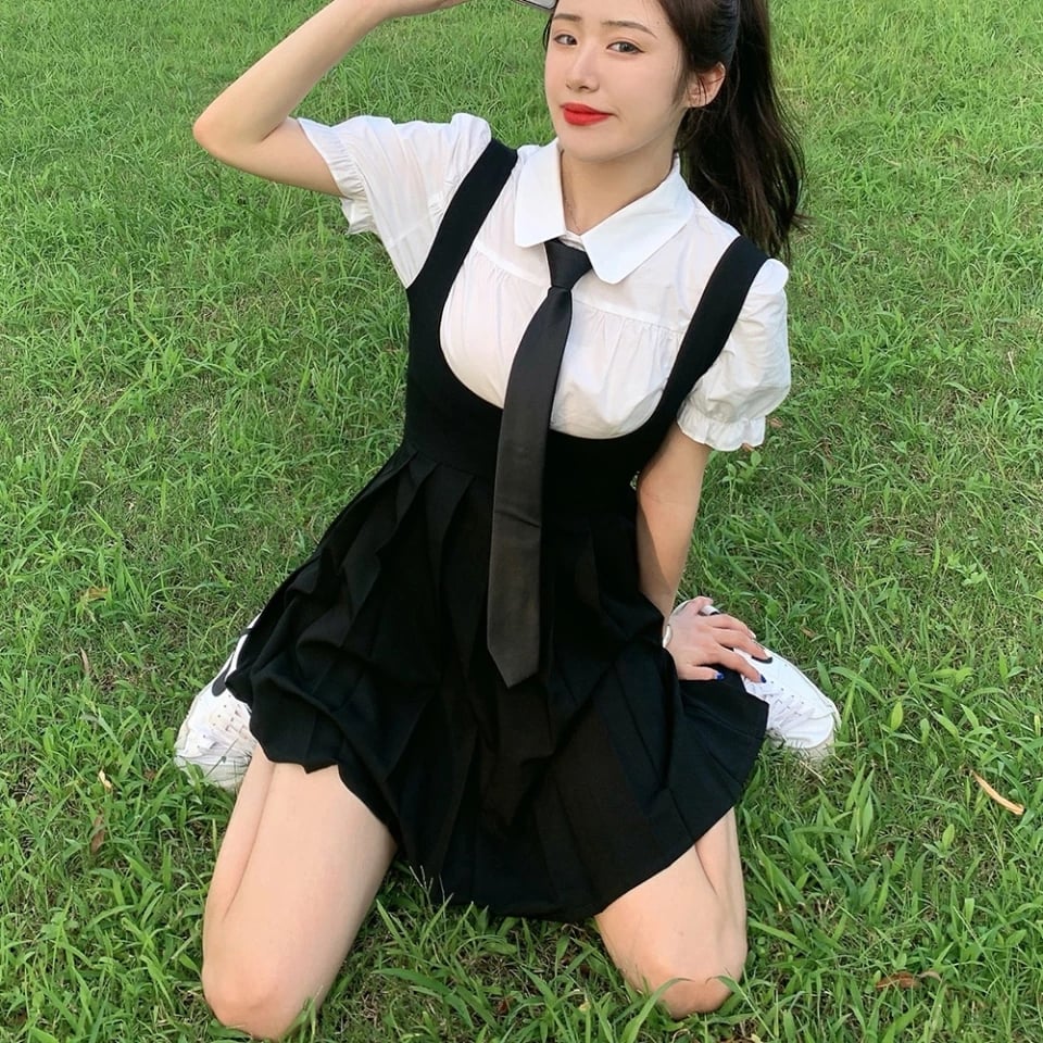 Cute Preppy Puff Sleeve Shirt Pleated Dress Set Student Aesthetic Casual E-Girl Kawaii Korean Japanese Harajuku