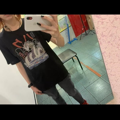 Cute Black Dragon Anime Cartoon Print Oversize Loose Short Sleeve T-shirt Aesthetic Casual Summer E-Girl Kawaii Korean Japanese Harajuku Street