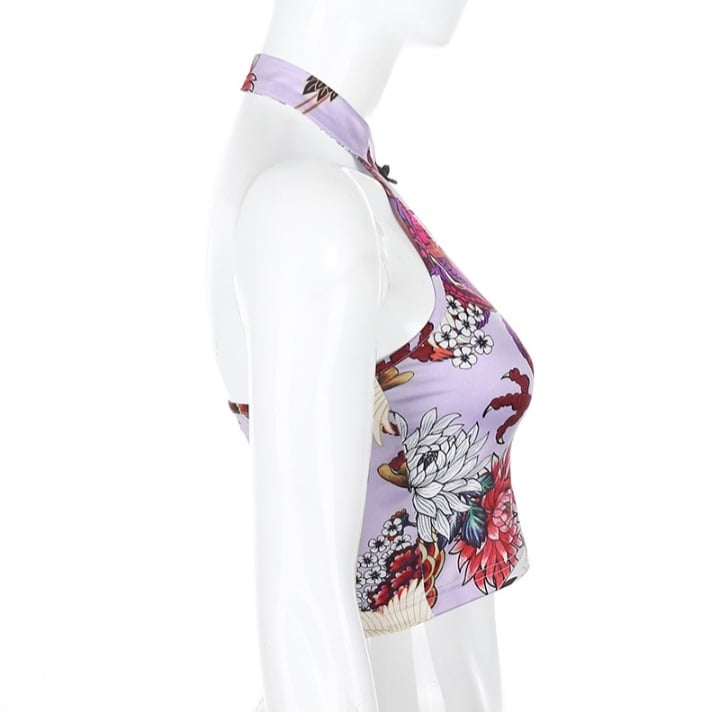 Cute Sexy Dragon Flower Print Halter Sleeveless Backless Crop Tank Top Summer Aesthetic Casual E-Girl Kawaii Korean Japanese Harajuku